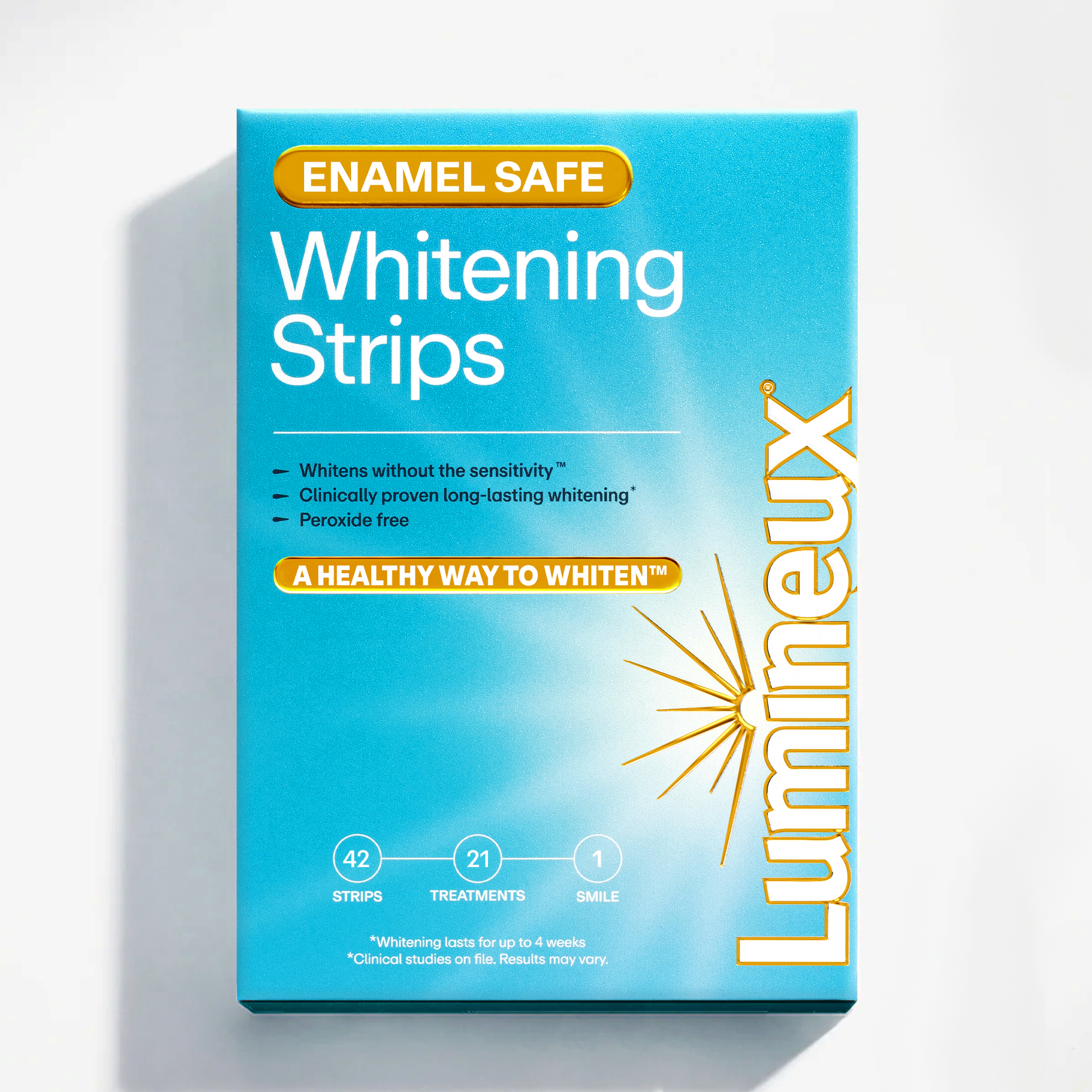 Blue Lumineux® enamel safe whitening strips box for 21 treatments