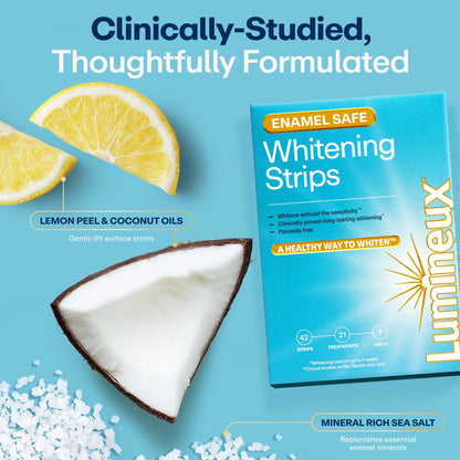 Blue Lumineux® whitening strips box with lemon peel and coconut oil ingredients